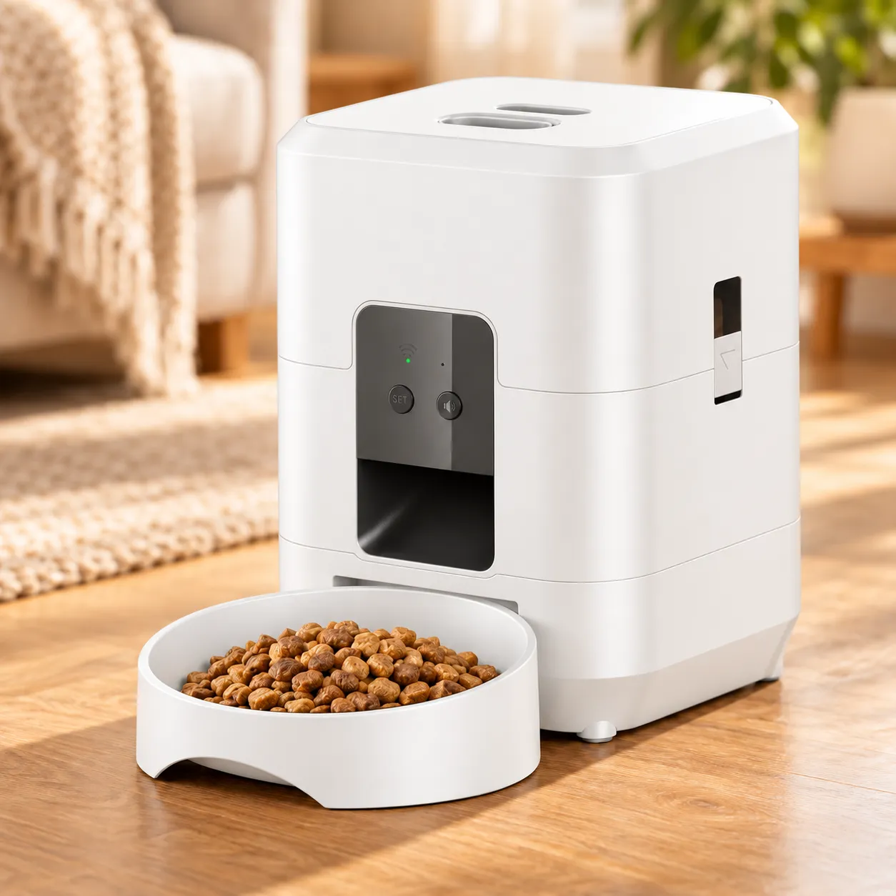 White Wi-Fi feeder with its matching bowl in a warm home setting