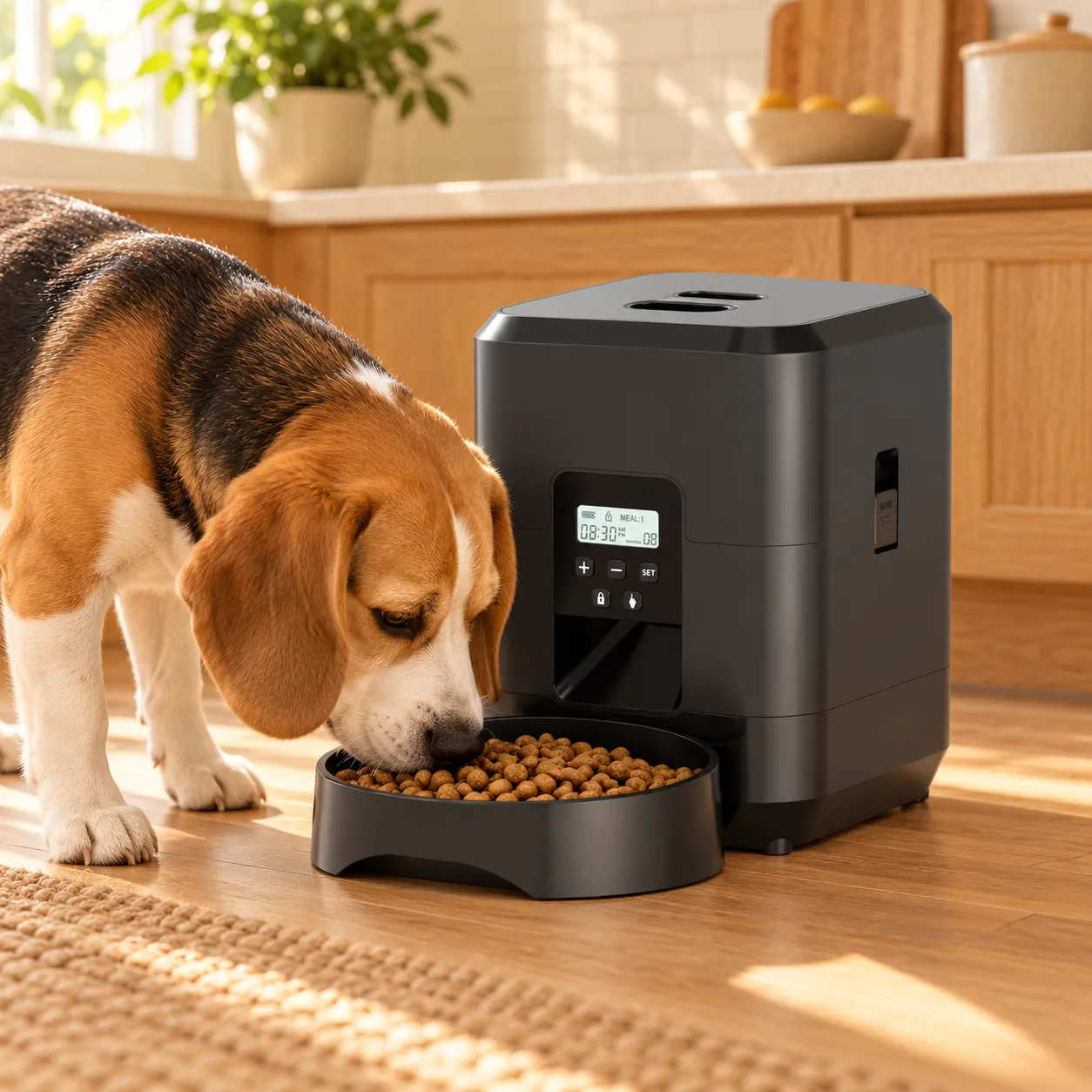 Beagle eating from the black button-controlled feeder