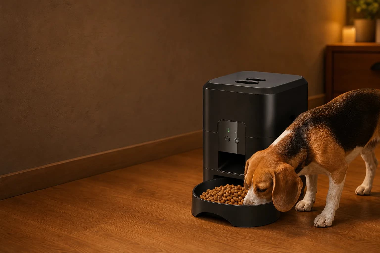 A dog eating from the bowl of the black Wi-Fi feeder in a warmly lit home